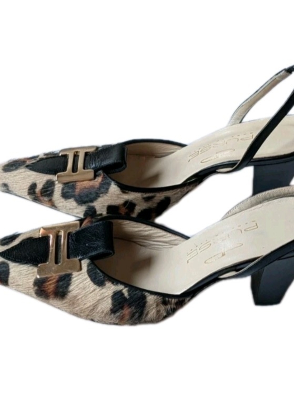 Vero Cuoio Leopard Print Pointed Slingback Heels with Black Straps